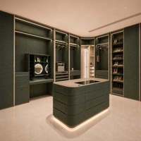 Dressing en cuir avec panneaux en cuir, étagères à chaussures et niches d'exposition éclairées pour rangement personnalisé