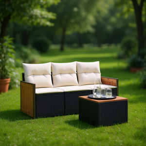 Ensemble de salon de jardin blanc crème et noir, 3 places, en rotin et teck, résistant aux intempéries, design contemporain - Product Image 2