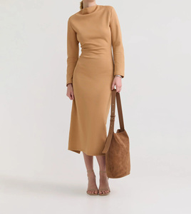 Elegant Camel Cowl Neck Bodycon Midi Dress for Women, Long Sleeve Slim Fit Formal Office Wear - Product Image 1