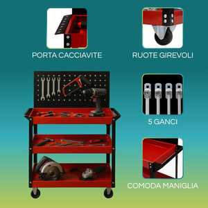 Professional 3-Shelf <b>Tool</b> <b>Trolley</b> With Perforated Panel 81x35x110 Cm Painted Steel <b>Tool</b> Holder - Product Image 4