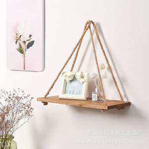 Wooden Hemp Rope <b>Wall</b> Shelf Rectangle <b>Hanging</b> <b>Storage</b> Rack For Living Room Bedroom - Product Image 4