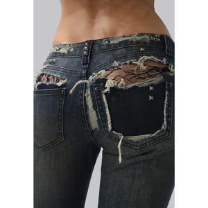 Pantalones Vaqueros de Corte Bootcut Personalizados, Estilo Rock Retro Punk, con Tachuelas Metálicas, de Cintura Baja y Desgarrados - Product Image 3