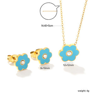 Stainless Steel Flower Earrings And Necklace <b>Set</b> For Women Gift Jewelry With Blue Enamel And <b>Crystal</b> Bezel Setting - Product Image 5