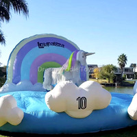 Castillo Inflable con Tobogán de Unicornio, Juego de Rodeo de Unicornio, Castillo Hinchable con Diseño de Nubes y Arcoíris para Niños