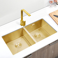 Évier de cuisine en acier inoxydable fait à la main de couleur or de norme australienne Nano filigrane Double bol Style deux trous sans robinet