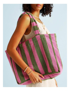 Sac à main en tissu éponge rayé personnalisé pour femmes, grande capacité, en coton, sac de shopping avec logo brodé - Product Image 6