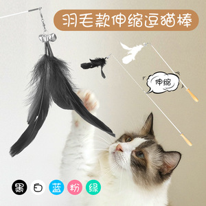 En gros, Baguette de chatouillage télescopique à plumes, jouet sonore pour chat, avec manche en bois massif - Product Image 2