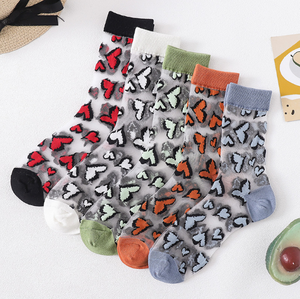 Chaussettes transparentes en soie de verre à motif floral papillon personnalisées OEM pour femmes, chaussettes d'été en maille transparente avec logo personnalisé - Product Image 5