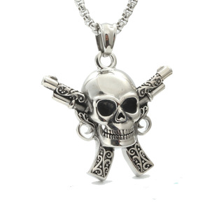 yunnique Skeleton Pendant Stainless Steel Fashionable Silver Black Men's Necklace With Cross Guns Design - Product Image 1