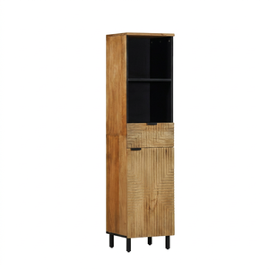 Modern Wooden Storage Cabinet 4 <b>Shelves</b> Door Geometric Pattern Design <b>Black</b> Metal Legs Wall Mounted for <b>Bathroom</b> Hotel Apartment - Product Image 1