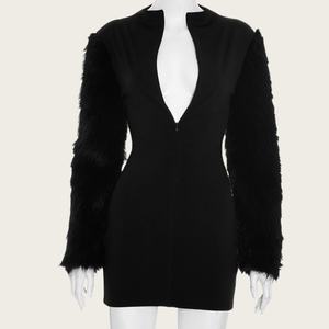 Vivibloook J25DS262 2025 Sexy nuevo otoño Venta caliente cuello cremallera manga larga peludo Sexy Slim Fit Casual Mini vestido - Product Image 1