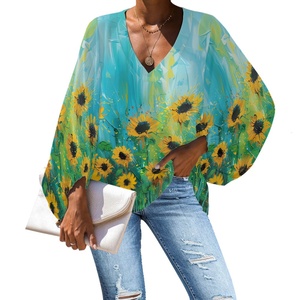 À la mode fleurs imprimé femmes 2024 à manches longues hauts habillé décontracté col en V <span class=keywords><strong>tunique</strong></span> chemises en mousseline de soie ample <span class=keywords><strong>travail</strong></span> Blouse pour les femmes - Product Image 4