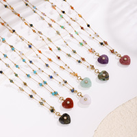 Colliers pendentifs en chaîne de perles plaquées or en acier inoxydable avec breloque en pierre naturelle en forme de cœur pour bijoux féminins