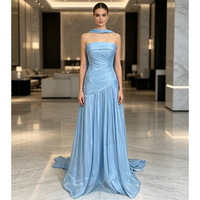 Lakshmigown Gaun Malam Biru Langit Tanpa Tali Halter Gaun Pesta Formal Putri Duyung Sifon Berlipat Mengkilap
