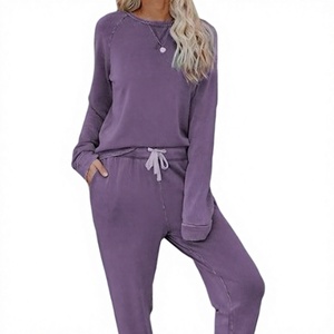 Women's Casual 2-Piece <b>Set</b> Long Sleeve Crew Neck Sweatshirt With Drawstring Pants Loose Fit Solid Gray Cotton <b>Knitted</b> Outfit OEM - Product Image 2