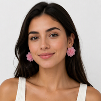 Anting-anting bunga akrilik pink frosted 3D berlapis kelopak, anting-anting bunga wanita, perhiasan pesta pernikahan manis