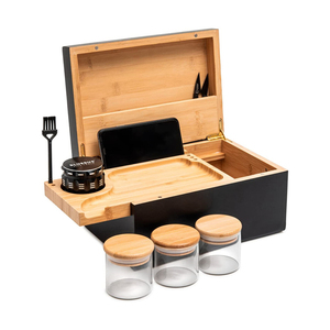 Hot Selling Aluminum Herb Grinder Set With Bamboo Stash Box And Rolling Tray 3 Airtight Jars Smoking Accessories