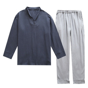 100% algodón hombres Top + Pantalones 2 uds ropa de dormir Otoño e Invierno hombres suave Color sólido pijamas conjunto suelto completo transpirable Pijamas - Product Image 1