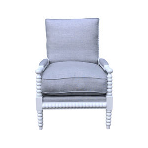 French Style Antique White Birch Wood Accent Bobbin <strong>Chair</strong> With Linen Upholstered Lounge Armchair - Product Image 2