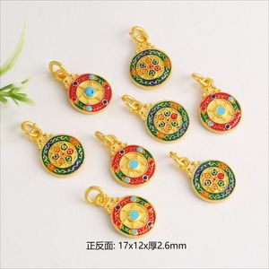 Pendentif traditionnel tibétain avec mantra à six syllabes et incrustation de turquoise, forme ronde, composants de bijoux pour accessoires de collier DIY - Product Image 2