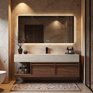 Ensemble de meubles de salle de bain suspendus au mur en bois de noyer moderne, avec miroir intelligent à LED et plan de lavabo en travertin - Product Image 1