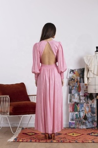Vestido Maxi Rosa de Gasa con Mangas Abullonadas, Cintura Imperio, Estilo Bohemio, Color Liso, Plisado, Ajuste Holgado, Casual de Verano, Capa Transparente - Product Image 4