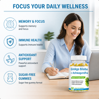 Gummies OEM Brain Booster Halal à base d'extraits de plantes pour la mémoire et la concentration, suppléments de santé au thé vert, ashwagandha et ginkgo biloba