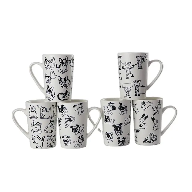 Popular black white color coffee milk cup mug with cat dog decal pattern ceramic mugs