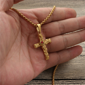 <b>Cross</b> Necklace Zinc Alloy Red Gemstone Pendant Fashion Jewelry Gift for Men Women Student Hip Hop Style - Product Image 2