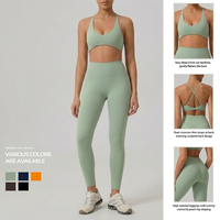 Set Yoga 2 Potong Wanita, Ringan dan Bernapas, Bra Olahraga Kerah Bulat, Legging Pinggang Tinggi Model Crisscross Back, Warna Sage