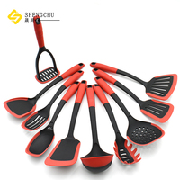 Ensemble d'ustensiles de cuisine professionnel de 10 pièces en PBT/PA66 Nylon avec revêtement en silicone pour casseroles antiadhésives