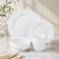 Service de table en céramique blanche moderne embossée, 16 pièces, motif vague, vaisselle en porcelaine, assiettes et bols pour hôtel et restaurant