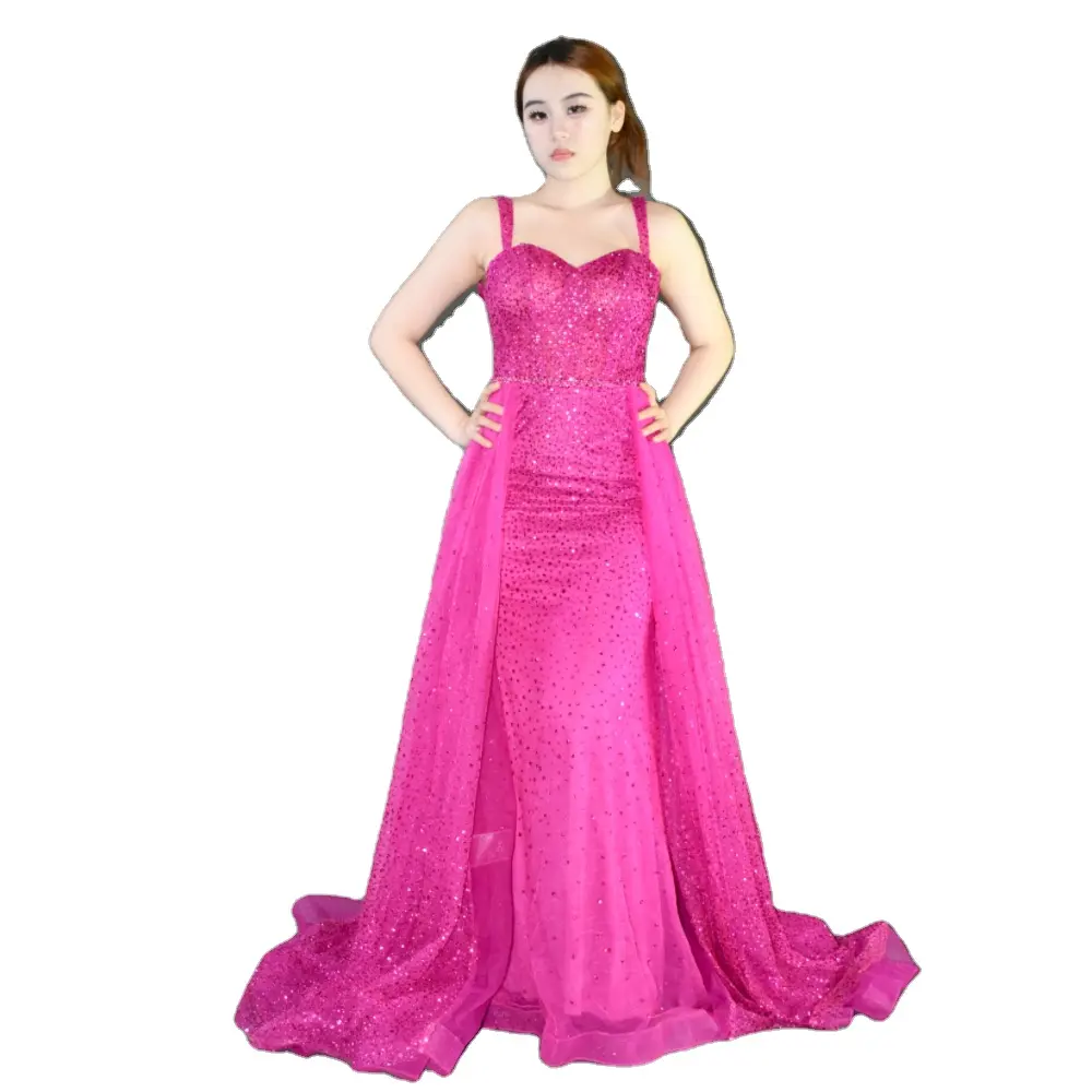 Hot Pink Off-Shoulder Sequin Mesh Evening Gown Sexy Floor-Length Prom & Wedding Party Dress with Natural Waistline
