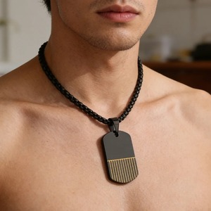Collier minimaliste à plaques rainurées et rayées pour homme, pendentif géométrique en acier inoxydable avec chaîne maille forçat, bijoux tendance streetwear décontractés - Product Image 6