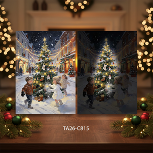 Décoration Murale Lumineuse de Noël sur Toile : Enfants Jouant dans la Neige, Père Noël Amusant, avec Cadre LED pour Maison, Salle de Bain, Salon - Product Image 1