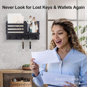 Wall-mounted Key Holder Wooden Mail Rack Black Charred Entryway <b>Shelf</b> With <b>Hooks</b> For Keys And Storage - Product Image 4