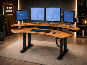 Curved Wood Dual Monitor <b>Adjustable</b> Extendable Portable <b>Office</b> Workstation Pedestal <b>Desk</b> China Origin for Home and <b>Office</b> - Product Image 5