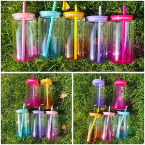 Verre en borosilicate transparent coloré effet ombré de 16 oz avec couvercles et pailles en PP colorés pour sublimation vinyle – Entrepôt US - Product Image 2