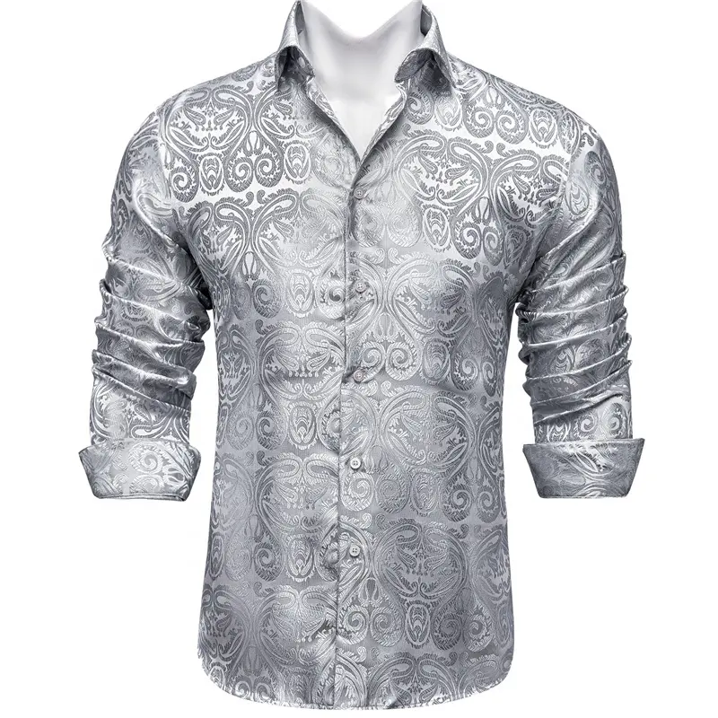 Chemises grande taille pour hommes, robe tissée en jacquard cachemire violet gris boutonné, chemise décontractée à manches longues, fête de mariage