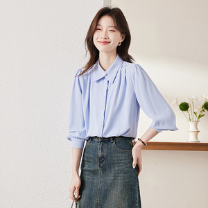 Women's Blue Long Sleeve Shirt Solid Color Poplin Workwear Office Wear - Product Image 3