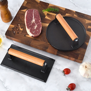 Prensa para carne de hierro fundido de alta resistencia, antiadherente, de base plana, redonda y rectangular, para carne, bistec, tocino y Smash Burger, con mango de madera - Product Image 6