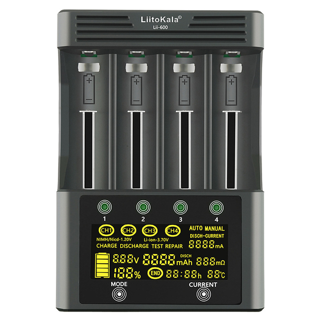 AC DC Smart LCD 4-Slot Fast Charging LiFe/Li-Ion 18650/26650/16340 NiMH/NiCd Battery Charger Lii-600