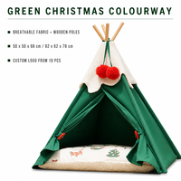 Tente de Noël personnalisée en gros avec logo, lit pour animaux de compagnie avec coussin, tipi en forme de cône, maison pour chat et chien, vert, rouge, blanc pour chiot et chaton
