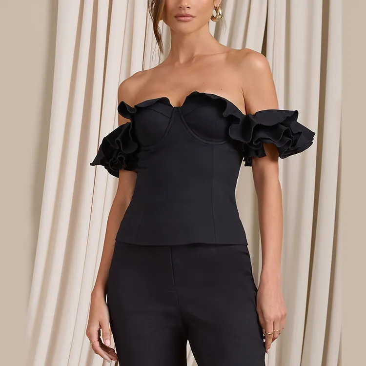 महिला फैशन कपड़े कैजुअल सुरुचिपूर्ण काले एक कंधे की पंजा वायर्ड कप रूफ़ल ट्रिम ब्लाउज शर्ट शीर्ष