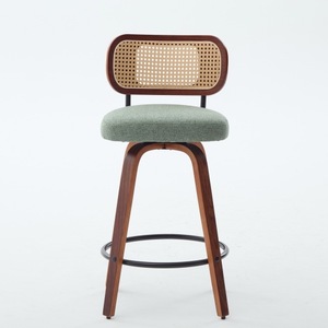 Set 3 26-Inch Counter Height Adjustable Bar Stools-Walnut Black Cane Rattan Back <b>Light</b> Green Linen Upholstered Seat Hotel Dining - Product Image 2