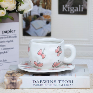 Tasses et soucoupes à café en céramique pour le thé de l'après-midi, motif papillon peint à la main, créatif - Product Image 3