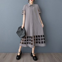 Nouvelle Robe Chemise Noire d'Été pour Femme 2026, Coupe Ample, Manches Courtes, Dentelle Ajourée, Ourlet en Maille Transparente, Coupe Trapèze Midi