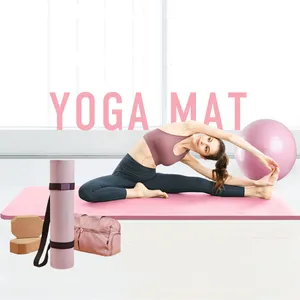 home exercise yoga mat kit anti slip tpe double colour yoga mat eco-friendly cork yoga mat set with strap