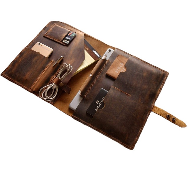 Custom Genuine Leather Vintage Folder Document Organizer & Portfolio for Women & Men A4 Padfolio Pouch Travel Case iPad Storage