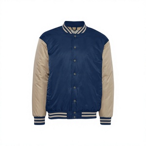 Chaqueta Bomber de Hombre Personalizada al por Mayor, de Una Sola Hilera de Botones, para Otoño, con Cuerpo de Nylon Satinado Azul Premium y Mangas Beige, Frente Liso Estilo Universitario - Product Image 1